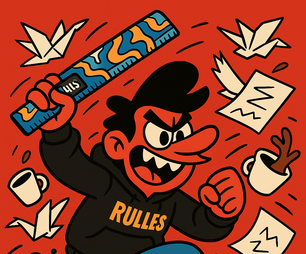 Cartoon character in a dynamic pose with various items on a red background